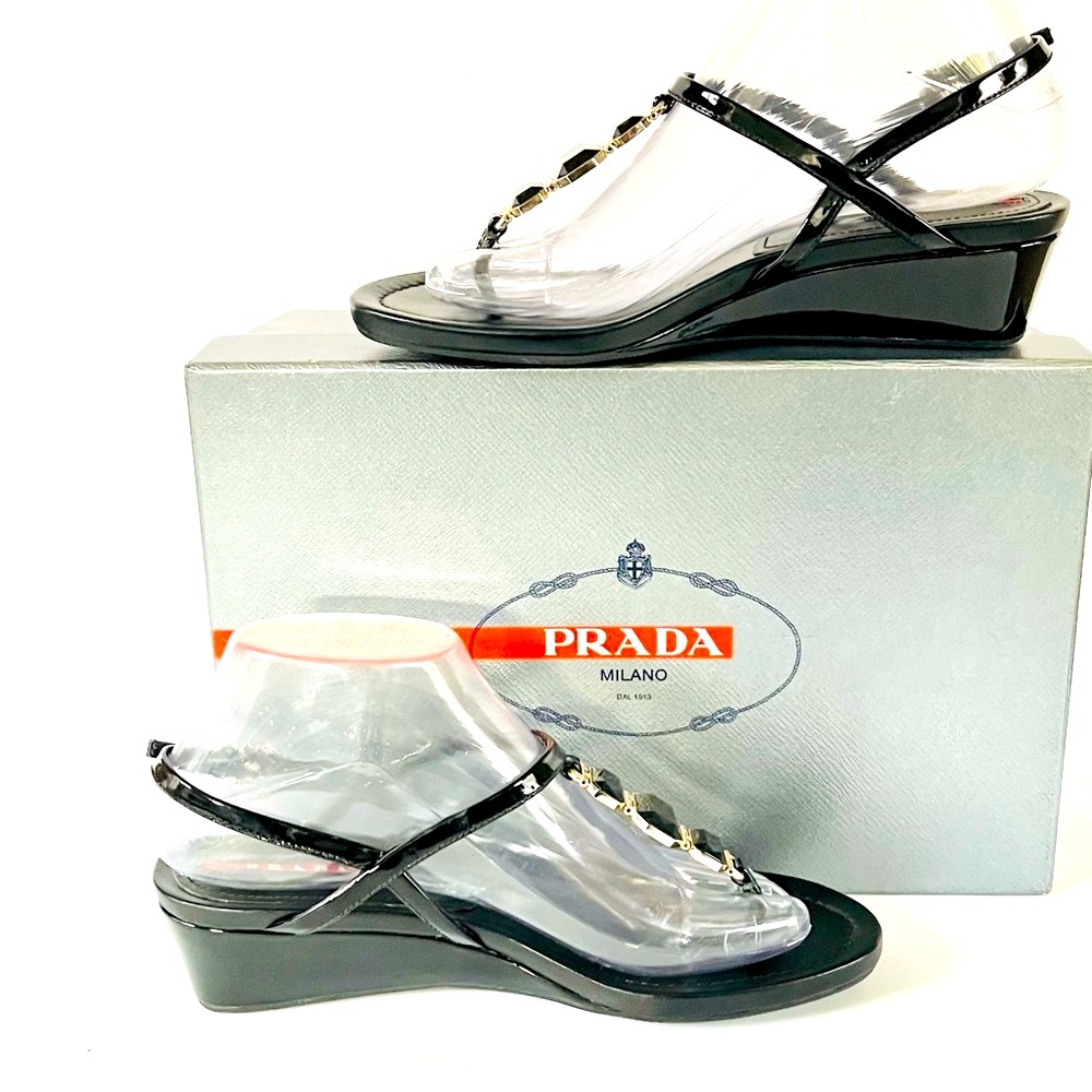 Prada Black Beaded Patent Leather Sandals Wedge 3… - image 2